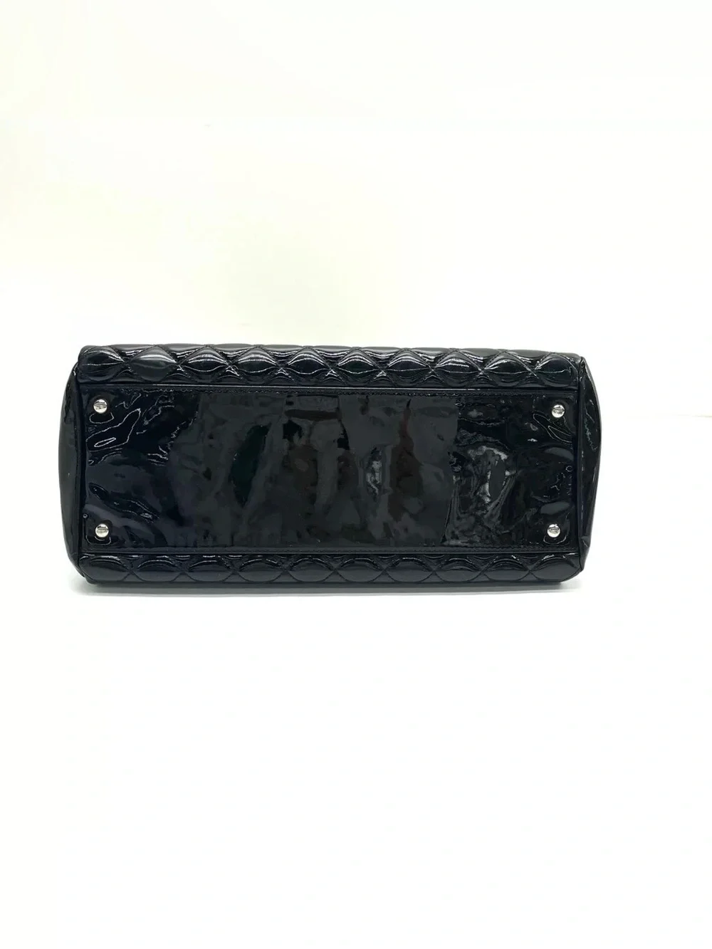 CHANEL Black Quilted Patent Shoulder Bag with Chain Strap and CC Charm